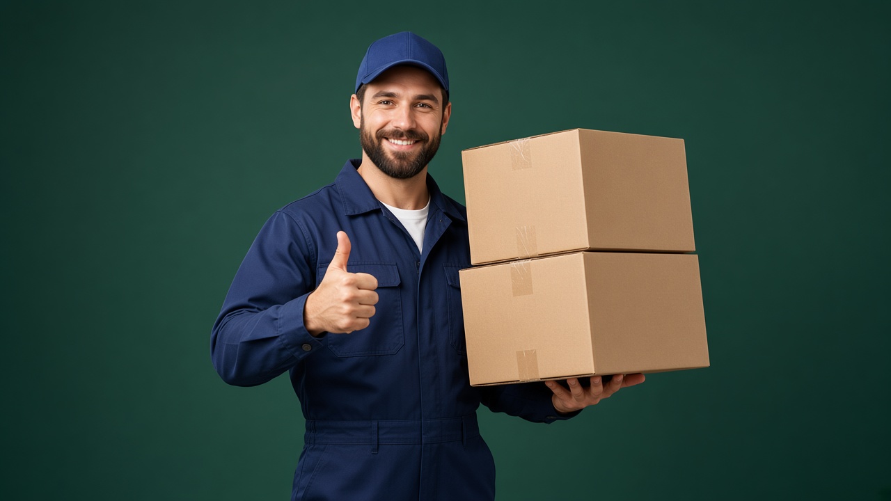 Courier carrying two stacked cardboard shipping boxes