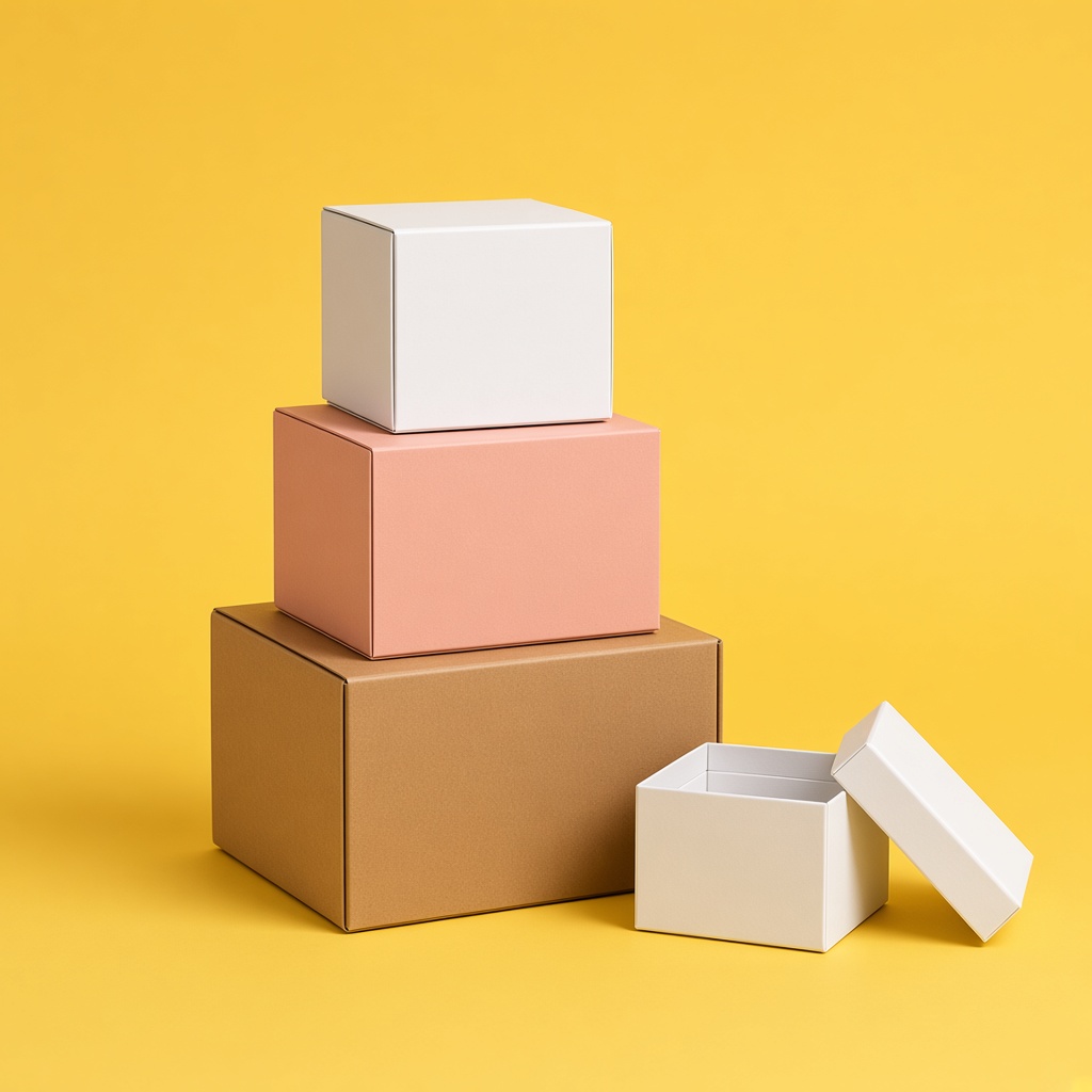 Stacked printed gift boxes on a yellow background