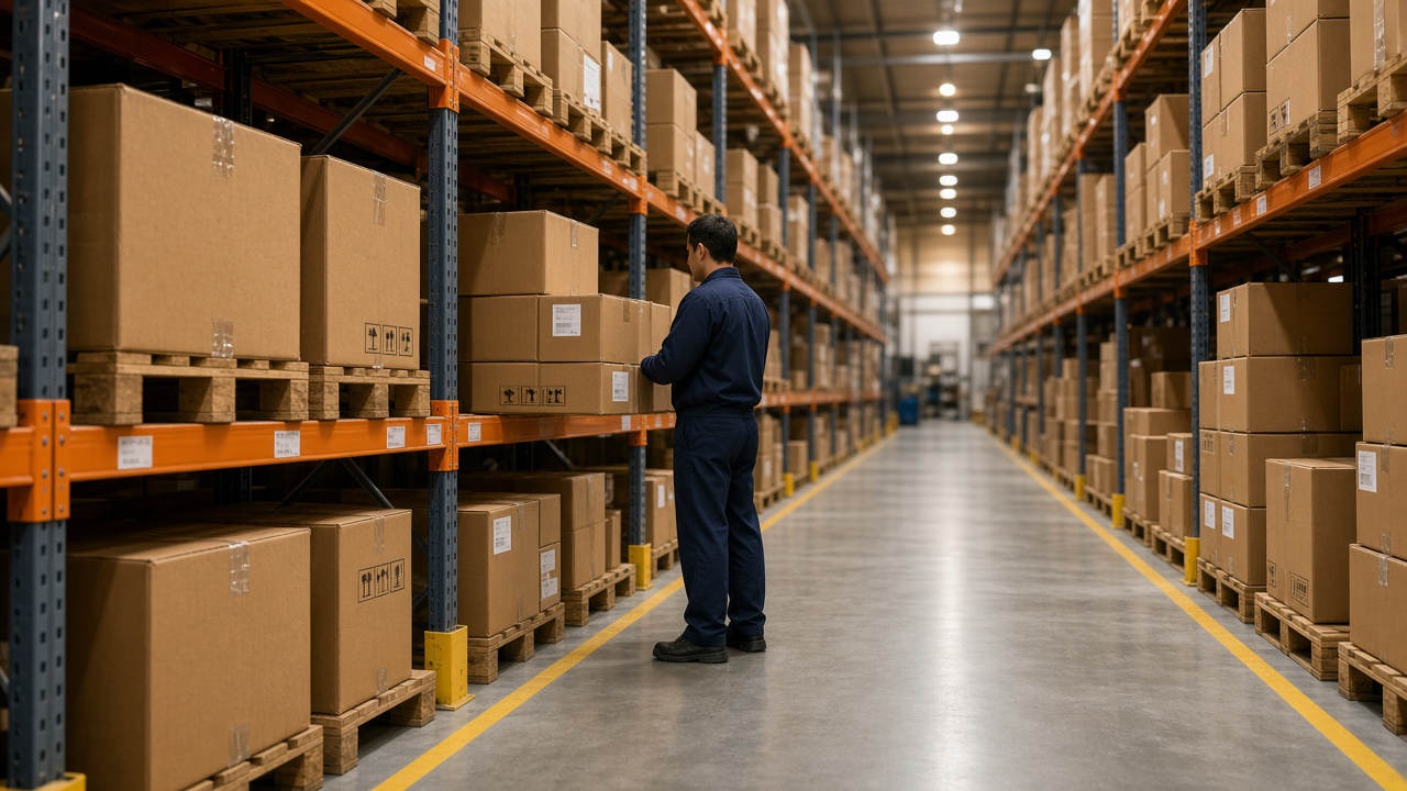 Warehouse operator with stacked boxes